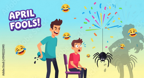 Man pranks friend with water gun on april fools' day surrounded by laughing emojis and a spider surprise