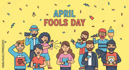 People celebrating april fools' day with pranks and laughter on a bright yellow background
