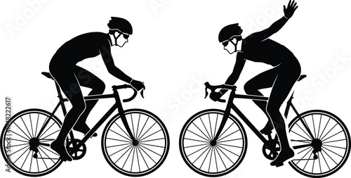 Cyclist silhouettes riding road bicycles athlete cycling sport action and celebration isolated on white background biking race illustration setCyclist silhouettes riding road bicycles 