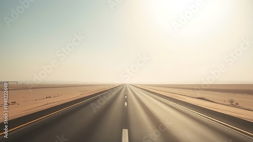 cynic. A long desert highway under a harsh sun with heat haze on the horizon. travel magazines, destination branding, designed for outdoor magazines and nature guides, used by social media managers.