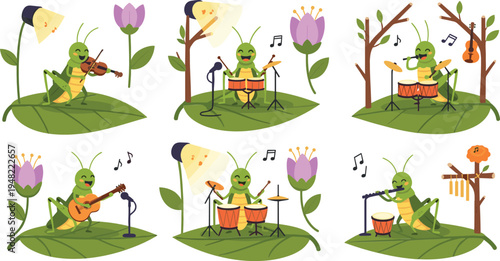 Cute Cartoon Grasshopper Musicians Playing Instruments on Leaves Nature Music Band Insects Vector Illustration Collection