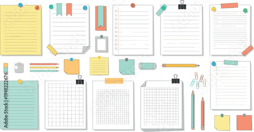 Office stationery note papers and checklist sheets collection with clips pins pencils and sticky notes vector set