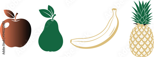 Minimal fruit icons set with apple pear banana pineapple flat vector illustration for healthy food design packaging menu poster branding