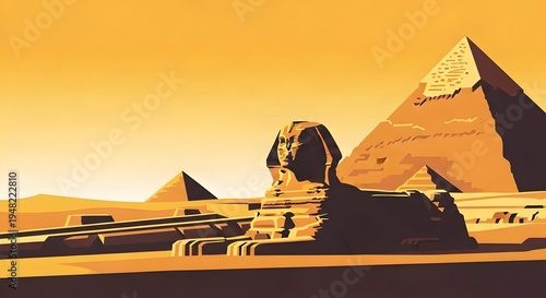Egyptian Sphinx and Pyramids Vector Landscape in Warm Tones, Travel Destination