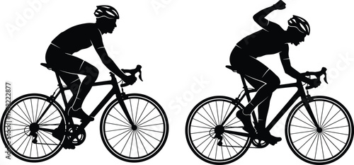 Cyclist riding road bicycle silhouettes athlete cycling sport action isolated on white background professional biking race illustration set