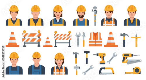Construction workers tools and safety equipment in a flat vector style