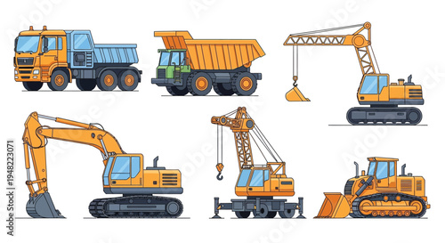 Collection of heavy construction vehicles including trucks and cranes
