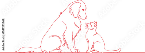 Minimal red line art illustration of dog and cat sitting together pet friendship concept simple outline vector isolated