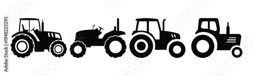 Tractor Icon Set – Farm Agriculture Tractor, Farming Machinery Silhouette Vector