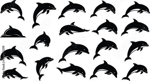 Set of black dolphin silhouettes with white outlines in various jumping and swimming poses, isolated vector illustration collection for marine and ocean themes.