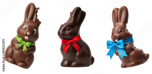 Collection of bitten chocolate Easter bunnies PNG. Set of sweet holiday rabbit candies with colorful bows isolated. Festive spring celebration treat design elements