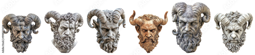 Obraz premium Detailed Collection of Unique Ram Head Sculptures in Various Styles Isolated Transparent Background