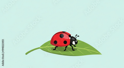 Ladybug on a green leaf turning right on transparent background