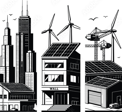 Sustainable smart city with solar panel buildings, wind turbines and green construction concept, renewable energy architecture illustration showing eco friendly urban development future skyline