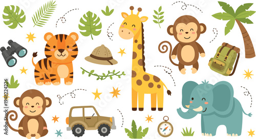 Cute Jungle Safari Animal Set with Tiger Monkey Giraffe Elephant Explorer Gear Tropical Leaves Kids Vector Illustration