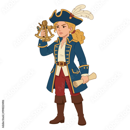 This illustration of a fearless female pirate showcases her adventurous spirit, dressed in a classic pirate outfit and using a telescope, symbolizing exploration and courage at sea.