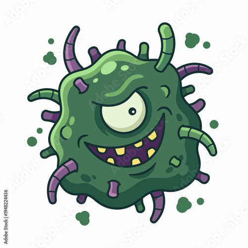 This whimsical illustration depicts a cheerful cartoon germ character, designed to engage children in learning about hygiene and health through an entertaining and fun visual approach.
