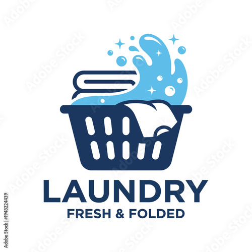This graphic design portrays a laundry basket overflowing with clean, folded clothes, representing cleanliness and order, ideal for laundry services and home organizational products.