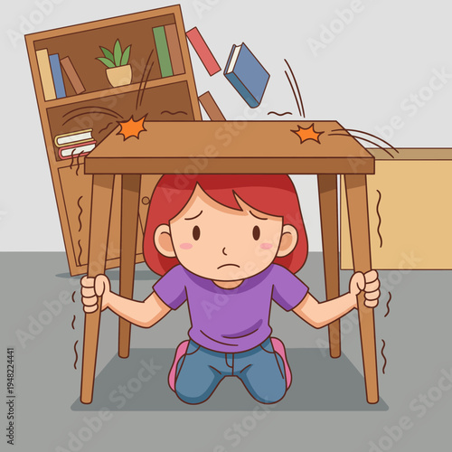 A young girl crouching under a table during a chaotic moment, portraying innocence and concern, which represents the need for safety in difficult times.