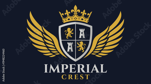 A regal crest logo adorned with a crown and lions, symbolizing strength and nobility, perfect for luxury brands, institutions, or high-end services.