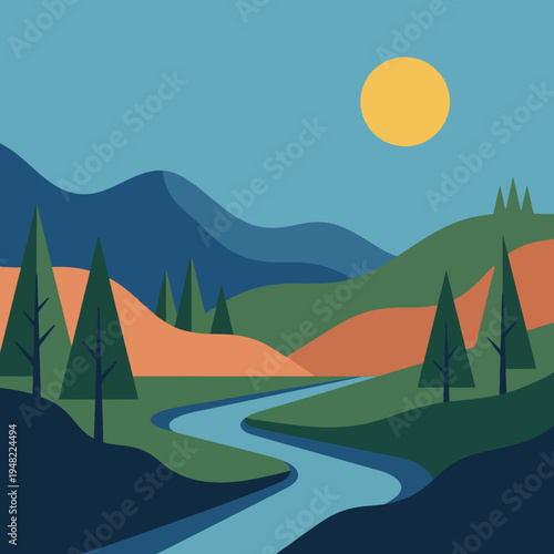This serene landscape image captures a picturesque view of rolling mountains, a winding river, and a bright sun, promoting tranquility and the beauty of nature.