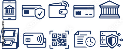 Modern banking and fintech line icons set including mobile bank credit card security ATM contactless payment QR code finance collection