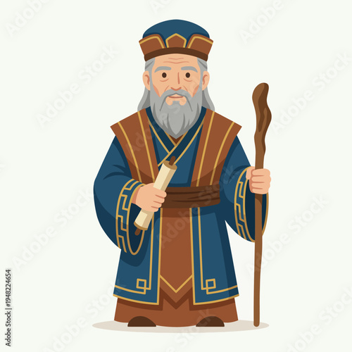 An illustration of a wise old man holding a scroll and staff, embodying wisdom and authority, portrayed in a traditional style that evokes respect and admiration.