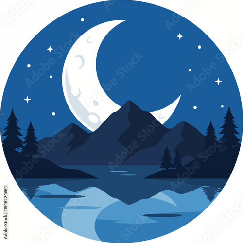 A stunning depiction of mountains under a bright crescent moon, with a serene lake reflecting the landscape, highlighting nature's tranquil beauty and starry night sky.