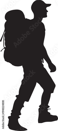 Hiker with backpack and trekking poles in silhouette against plain background Vector, illustration