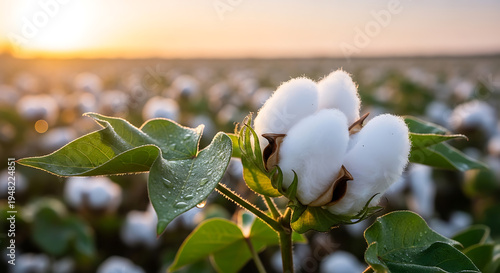Close up of white cotton boll with green leaves against a warm sunset on transparent