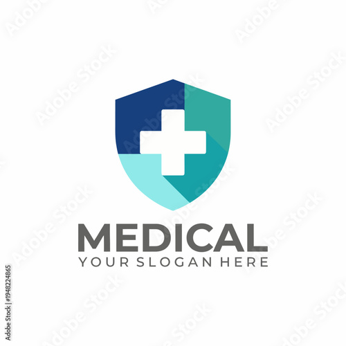 A stylish medical logo featuring a shield and a bold cross, representing safety and health care. Ideal for hospitals or clinics looking to enhance their branding.