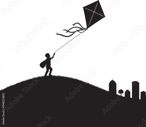 A solitary child flying a kite atop a hill overlooking a city skyline Vector, illustration