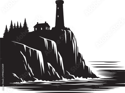 Lighthouse standing guard atop a rugged cliff by the crashing ocean waves Vector, illustration