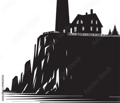A haunting silhouette of a house perched on a cliff’s edge at dusk Vector, illustration