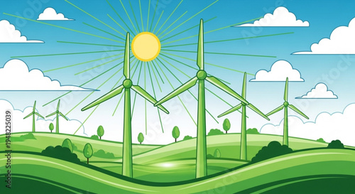 Wind turbines generating renewable energy on a sunny green landscape with clouds on transparent background