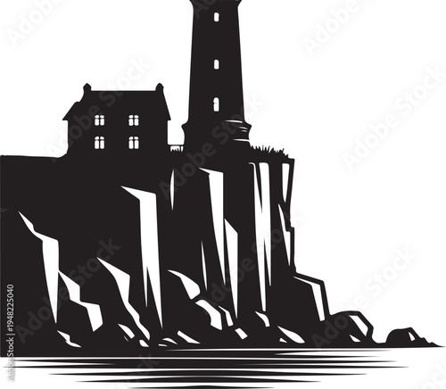 Lighthouse standing tall amidst turbulent waves and an old house nearby Vector, illustration