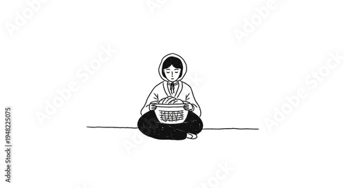Woman in traditional clothing weaving basket on white background, hand-drawn illustration