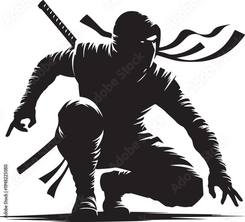 Ninja warrior in dynamic combat pose with multiple blades and a flowing flag. Vector, illustration