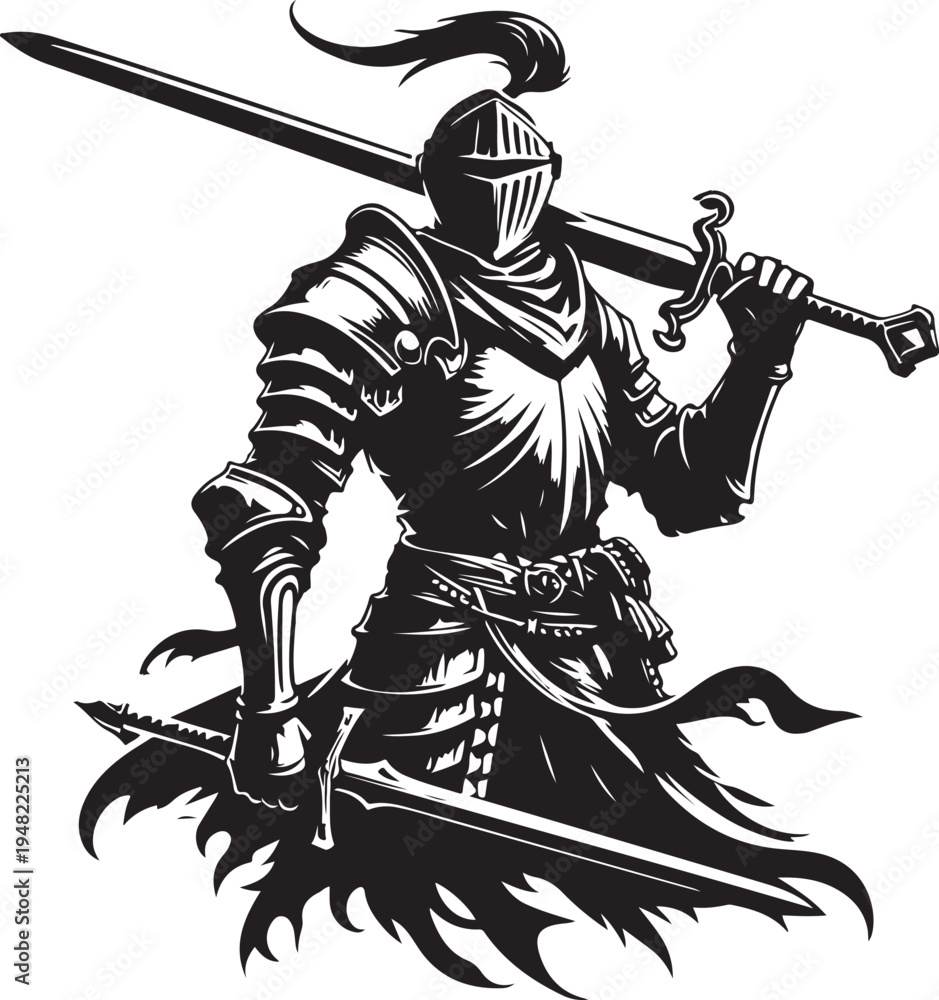 Fototapeta premium Dark knight rising amidst chaos with sword and shield Vector, illustration