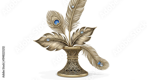 Elegant Peacock Feather Sculpture with Gemstones in Ornate Vase