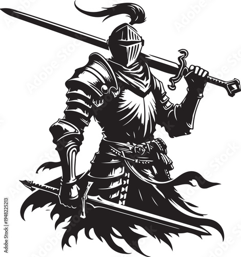 Dark knight rising amidst chaos with sword and shield Vector, illustration