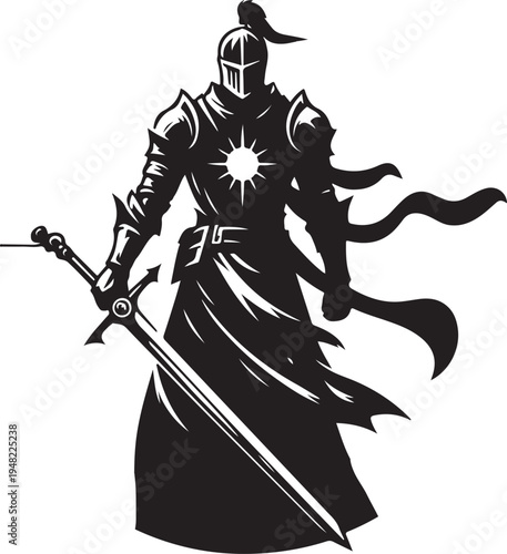 Mysterious knight with ethereal cape and radiant emblem wielding a sword Vector, illustration