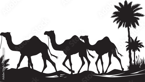 Silhouette of a camel caravan walking through a desert oasis with palm trees Vector, illustration