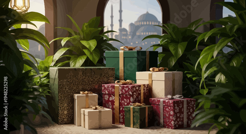 Festive Gift Boxes Surrounded by Lush Green Plants with Mosque View