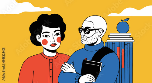 Diverse couple in conversation against a vibrant yellow background with stylized clouds