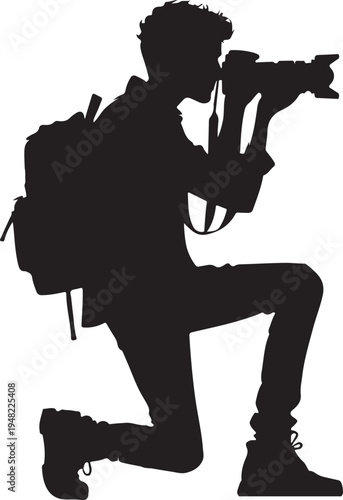 Photographer kneeling down capturing a moment with a camera and backpack Vector, illustration