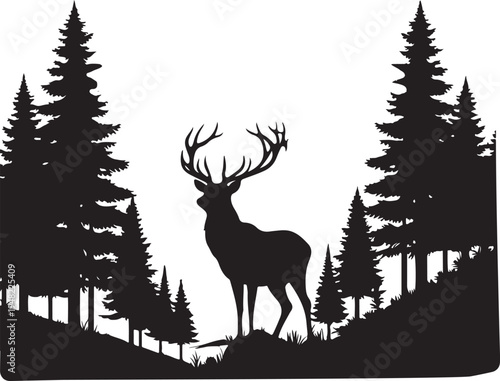 Majestic deer standing amidst a serene forest of towering evergreen trees Vector, illustration