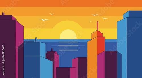 Vibrant Cityscape at Sunset with Ocean View - Flat Design Illustration