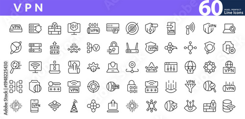 VPN line icon set. Computing, internet, server, data security, wireless communication, IoT, privacy, proxy, firewall, cybersecurity vector icon collection. Editable stroke icons
