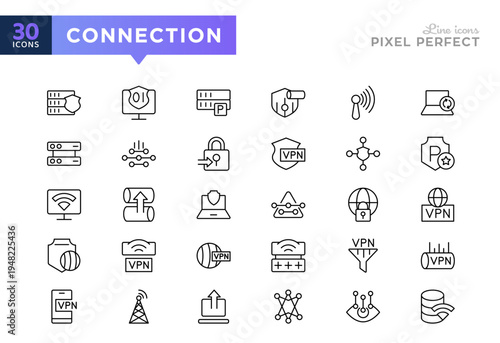 Connection line icon collection. Computing, internet, server, data security, VPN, privacy, cybersecurity vector icons